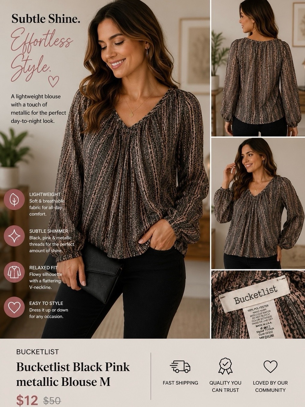 Bucketlist Black Pink metallic Blouse M